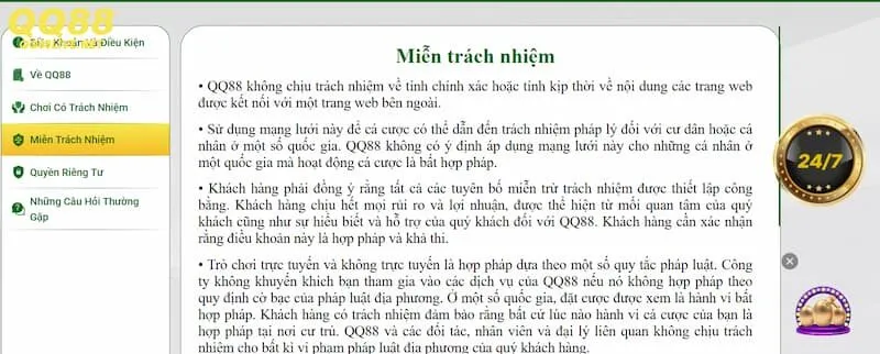 Chính sách miễn trừ trách nhiệm tại nhà cái QQ88 là gì?